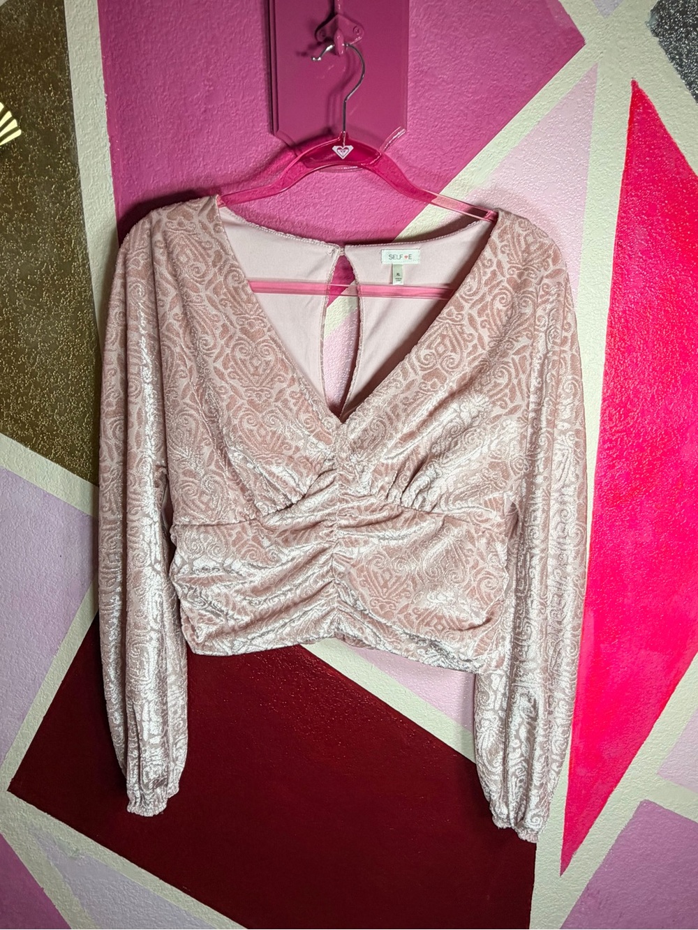 Selfie Blush Pink Burnout Velvet Cutout Back Crop Top Long Sleeve XL